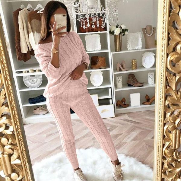 

casual solid women pant suits ladies off shoulder cable knitted warm 2pc loungewear suit set female suit 2019, Black;brown
