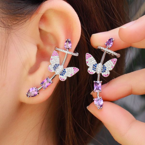 

cwwzircons symmetrical purple cubic zirconia lovely butterfly ear cuff climber stud earring for women fashion punk jewelry cz874 220211, Golden;silver