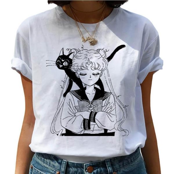 

sailor moon kawaii usagi harajuku anime t shirts women cute cat ullzang t-shirts 90s korean style tshirt fashion tees female, White