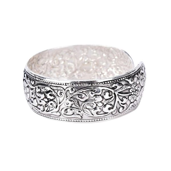 

wide lucky flower printing tibet silver plated cuff bracelets bangles women vintage bracelets, Black