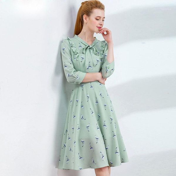 

heliar green chiffon summer dress bowknot neck pleated floral printed half sleeve elegant women vacation dresses 2020 summer1, Black;gray