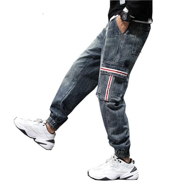 

men's jeans fashion harem men streetwear blue stretch pants loose feet joggers striped side pockets moto biker denim