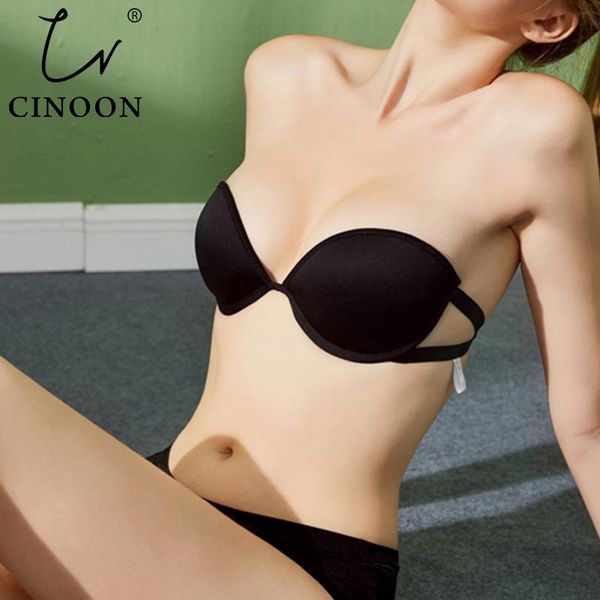 

cnioon strapless bra women invisible bras push up lingerie backless brassiere seamless bralette underwear for wedding dress, Red;black