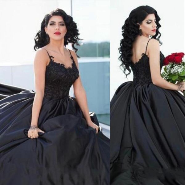

2021 arabic ball gown gothic style black wedding dresses spaghetti straps appliques lace satin floor length plus size bridal gowns custom, White
