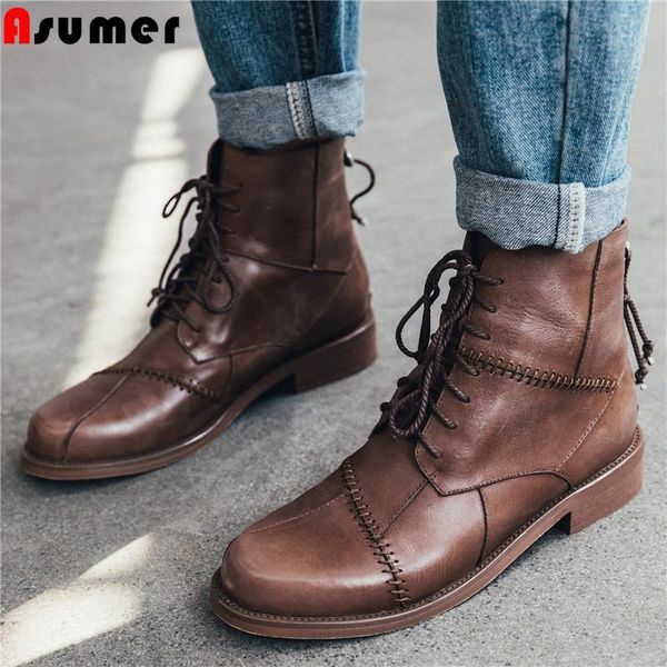 

boots asumer fashion autumn winter genuine leather women round toe ladies ankle low heels shoes motorcycles1, Black