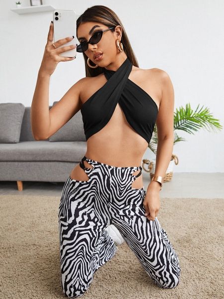 

crisscross tie backless halter o9f6#, White