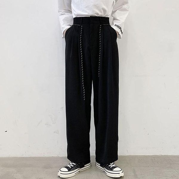

male black gray streetwear fashion vintage loose wide leg long trousers japan style harajuku pant men rope belt casual suit pant1