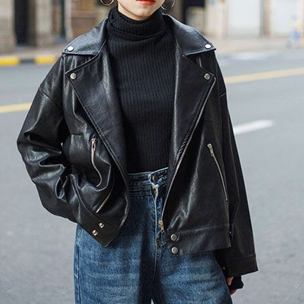 

2021 new korean high street short leather moto jacket black women outerwear warm pu coat winter streetwear female fashion 9nfx