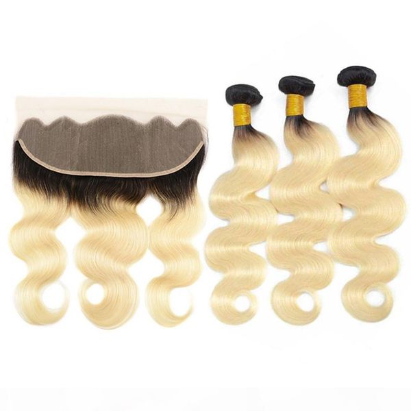 

body wave brazilian blonde ombre human hair bundles with frontal #1b 613 blonde ombre human hair weaves 3bundles with 13x4 lace frontal, Black;brown