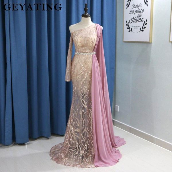 

arabic dubai evening dress with long sleeve one shoulder cape one shoulder rose gold sequins champagne mermaid prom dresses 20191, White;black