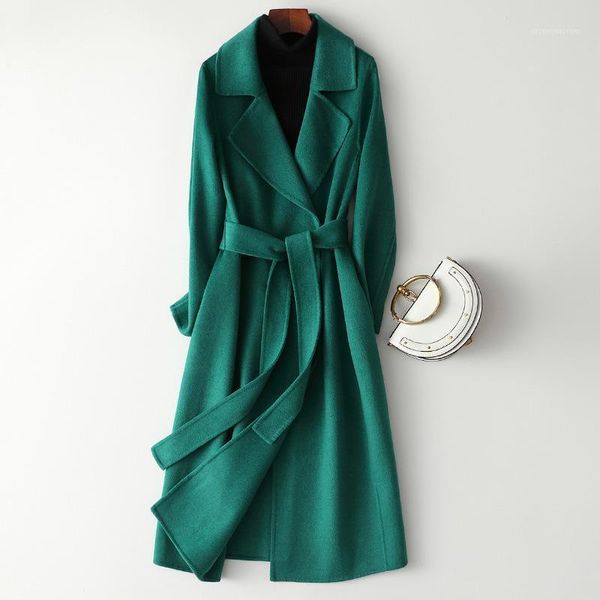 

women's wool & blends 2021 double faced cashmere overcoat women's middle and long belt woolen slim fitting professional wear1, Black