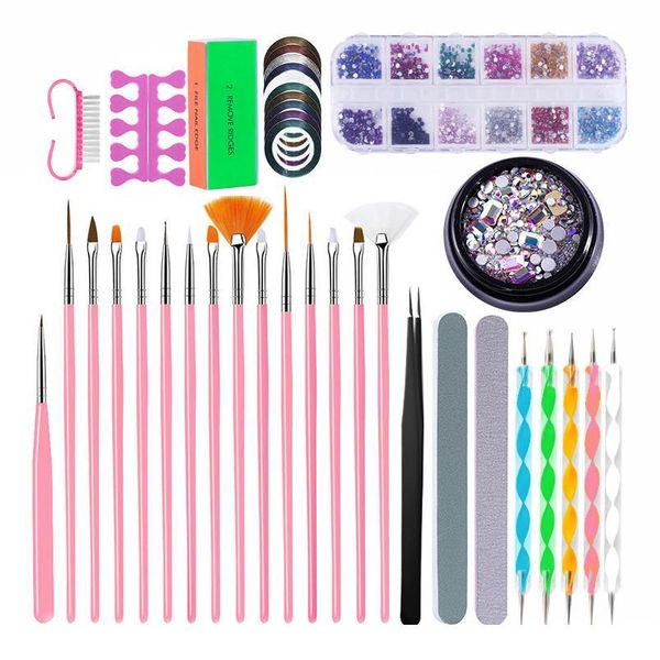 

39pcs nail art tool set kit rhinestones decoration pink brushes pens dotting files buffer manicure striping tape qylbpr, Silver