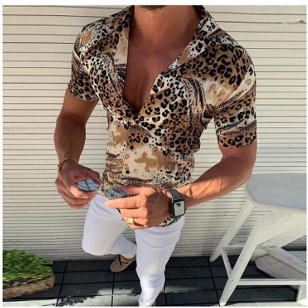 

2020 летний леопардовый печать мужчины с коротким рукавом рубашка мужская рубашка печать кнопка вниз повседневная рубашка homme с коротким р, White;black