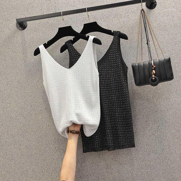 

plus size women sleeveless tank female v neck knitted camisole straps cami thin sportswear shiny glitter bling vest1, White