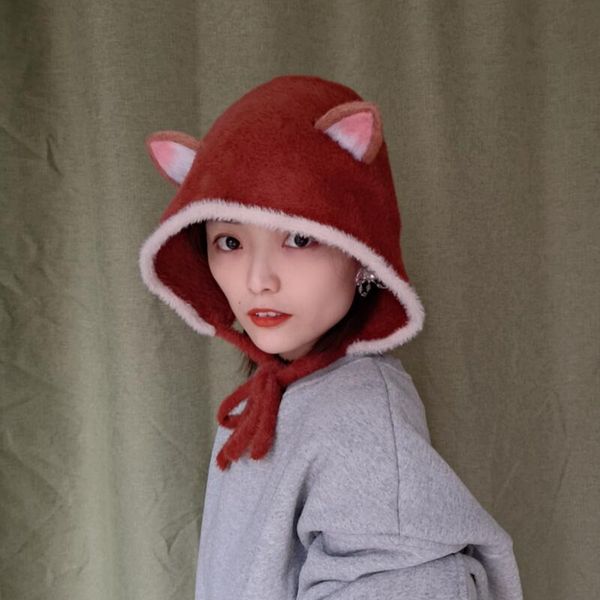 

wide brim hats cute ear chenille yarn bucket hat for women winter warm snow soft furry foldable cap female casual autumn pillbox fisherman, Blue;gray