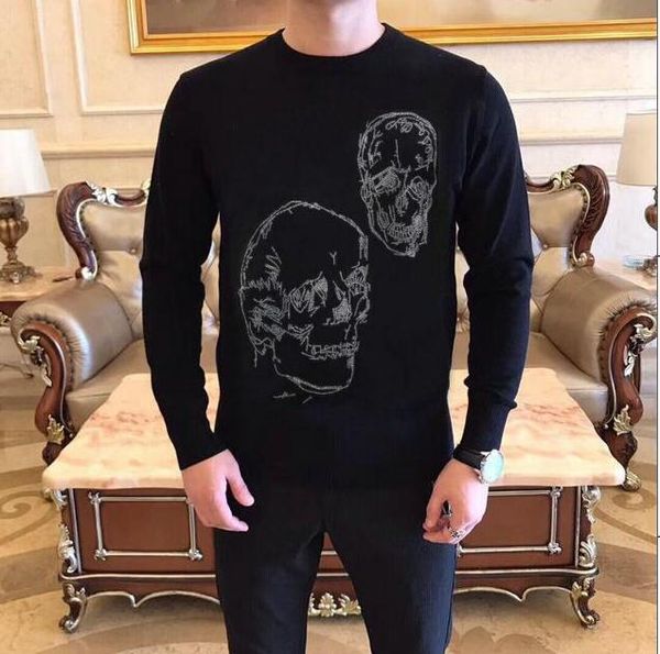 

rhinestones pullover skulls sweater men young winter drill sweater 2021 warm outer wear high quality, White;black
