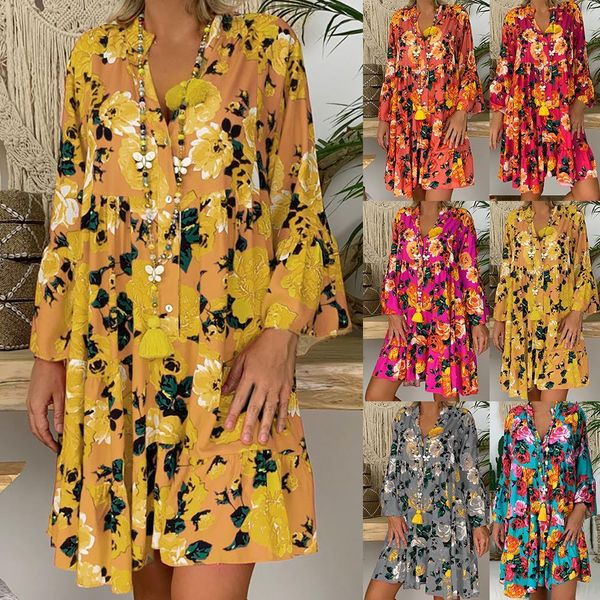 

bohemian floral print long flare sleeve casual loose mini dress women lantern sleeve v-neck short dresses streetwear, Black;gray