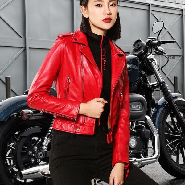 

autumn women genuine motorcycle jacket short sheepskin real leather slim design coat red black jackets large size xxxl1