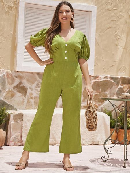 

plus puff sleeve wide leg jumpsuit m7wf#, Black