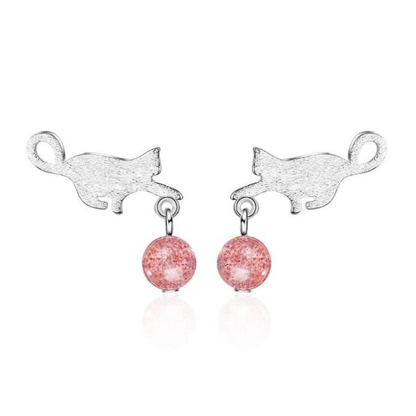 

stud 925 sterling silver jewelry strawberry crystal women flash fashion brushed kitten cat moonstone ball earrings se652, Golden;silver