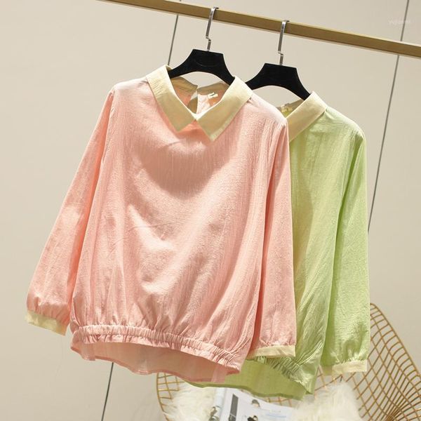 

plus size sweet bright color candy color cotton 100% long sleeve shirt blouse 2020 spring1, White