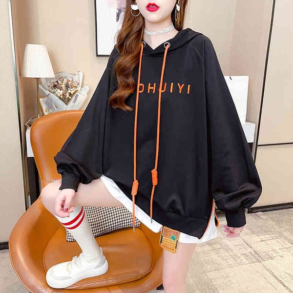 

hoodies fake two-piece hoodie women's 2021 spring and autumn korean loose net red large size fried street thin fashion, Black