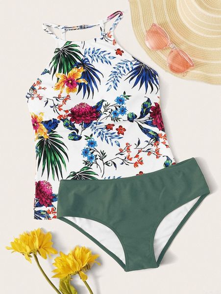 

floral halter bikini swimsuit p1kr#, White;black