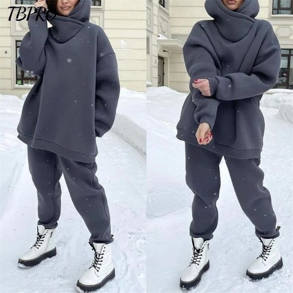 

casual women autumn winter warm tracksuit two piece set oversize hoodie sweatshirts and pants sportswear outfit solid 220315, White