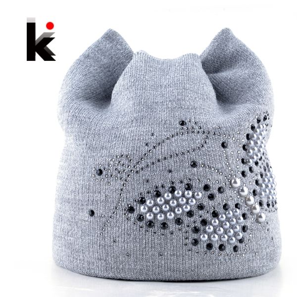 Gato de inverno Beanie chapéu senhoras chapéus de malha para mulheres beanies tampões pérolas borboleta diamante beanie touca de malha boné com abas de orelha y201024