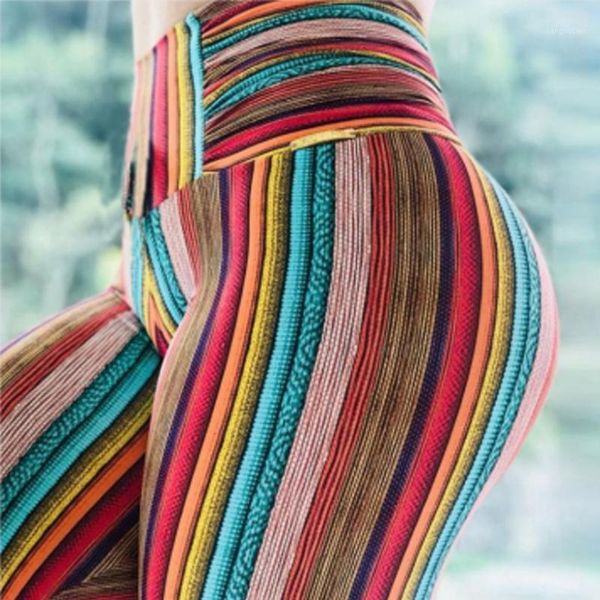 

yoga outfits rainbow line yarn digital printing buttock raised high waist pants leggings sports fitness pants1, White;red