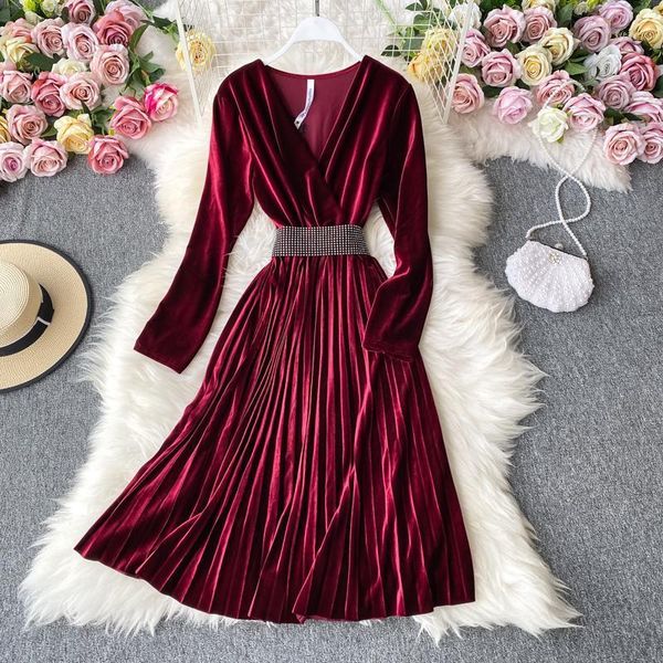 

ly varey lin velvet pleated dresses 2020 new autumn winter elegant v neck long sleeve solid sashes high waist slim soft dresses1, Black;gray