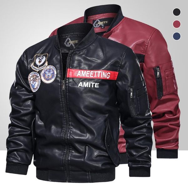 

brand fashion men vintage leather jacket 2020 winter men faux leather bomber pilot jacket male fleece warm embroidery biker coat, Black