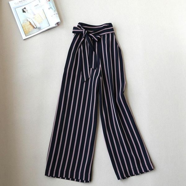 

women's pants & capris spring summer women striped wide leg office ladies strap wrap waist loose trousers, Black;white