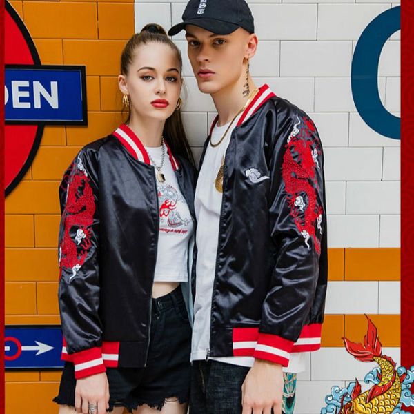 

men's jackets chinese style embroidery dragon bomber jacket printed koi yokosuka loose baseball uniform men fashion, Black;brown