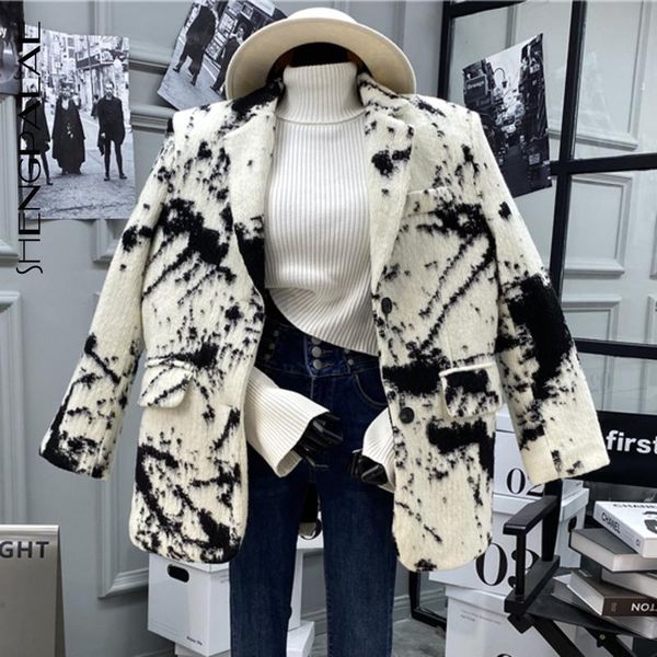

shengpalae печатная шерстяная хлопковая костюм для женщин новый стиль свободные отвороты однорусные blazer осень и зима 2020 5a610, White;black