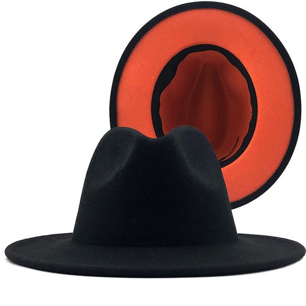 Einfaches Schwarz mit orangefarbenem Boden Patchwork Panama Wollfilz Jazz Fedora Hüte Damen Herren Breite Krempe Party Cowboy Trilby Gambler Hut Y0910