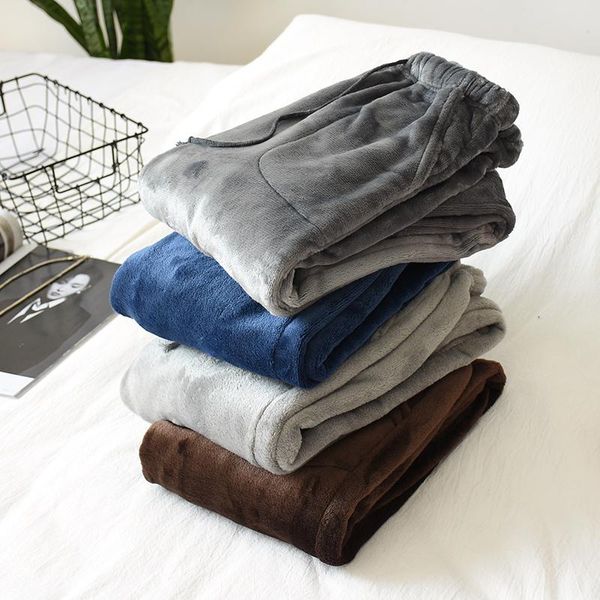 

men's sleepwear plus size coral flannel home pants velvet warm homewear winter thick male pajamas bottoms casual loose 2021, Black;brown