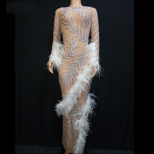 

mesh white feather pearls rhinestones long dress prom party clothes birthday celebrate dress stage singer dresses