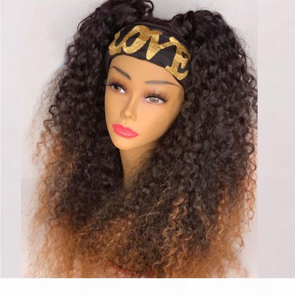 

glueless ombre kinky curly headband wigs 1b 30 color brazilian non lace scarf wig remy human hair wigs for women with scarf, Black;brown