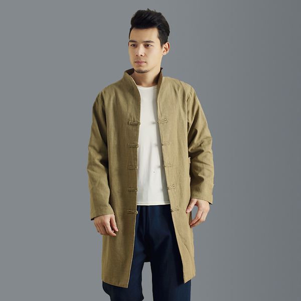 

autumn and winter literature windbreaker ramie buckle national style leisure men's wear, Tan;black