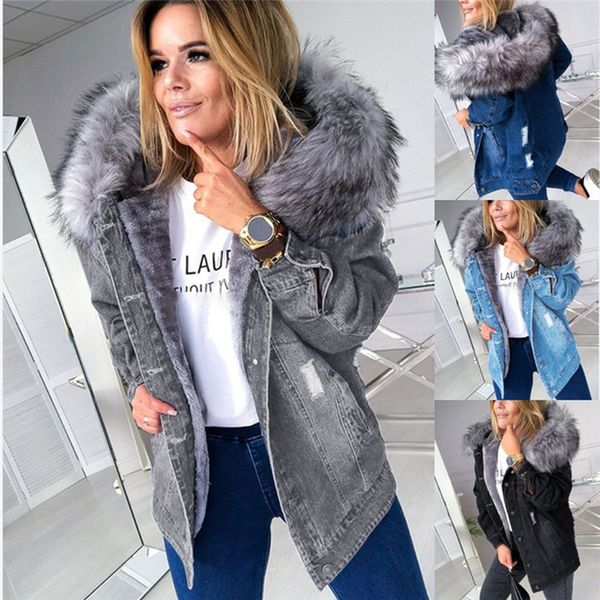 

short real fur coats new winter fashion casual denim jacket faux fur collar hooded coat casual warm thick long sleeve outerwear solid color, Black