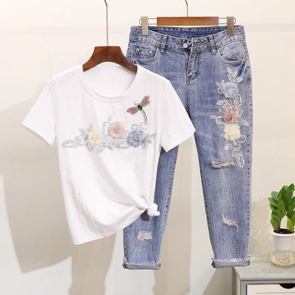 

women denim 2 piece set beads sequins embroidery 3d flower tshirts+ holes ankle-length jeans pants sets casual jeans suits sets1, White