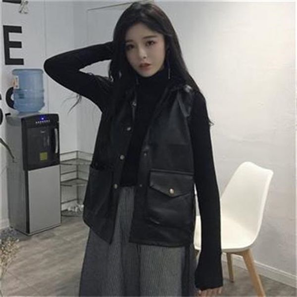 

2021 new spring plutonium leather women sleeveless solid color jacket vest mrs y189 yni8, Black