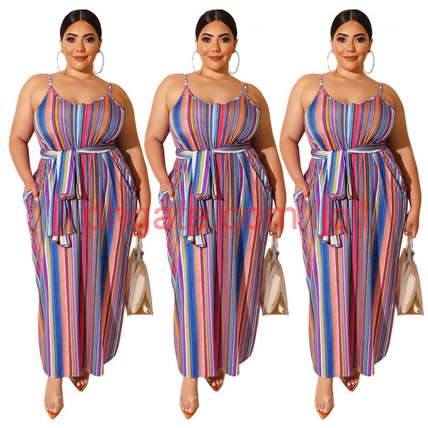 

women casual plus size dresses sashes spaghetti strap pencil dresses sleeveless ankle-length striped print colotful summer clothing 490, Black;gray