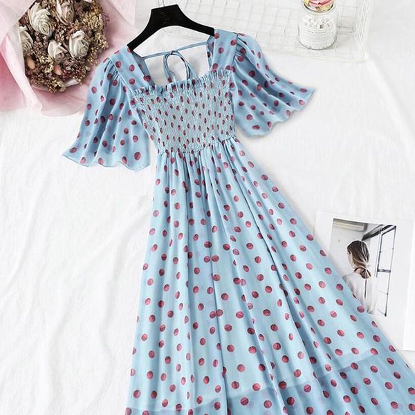 

sweet short sleeve chiffon dress 2020 bohemia summer polka dot print ruffle midi dress women elastic waist elegant party vestido1, Black;gray
