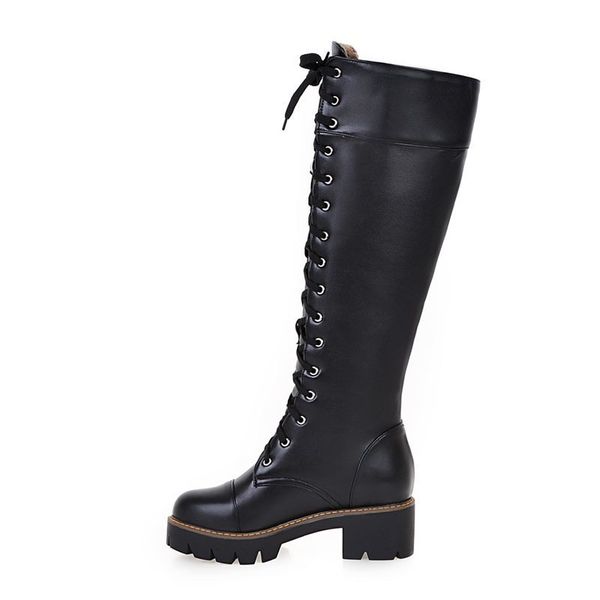 

plus size 34-43 new fashion lace up women boots pu soft leather knee high boots platform ladies autumn motorcycle boots, Black