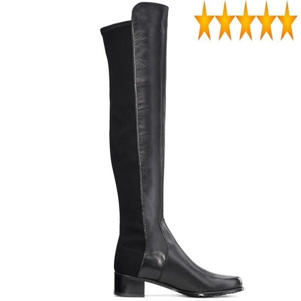 

boots women over the knee luxury runway sheepskin long shoes street winter thick heel stretch botas mujer, Black