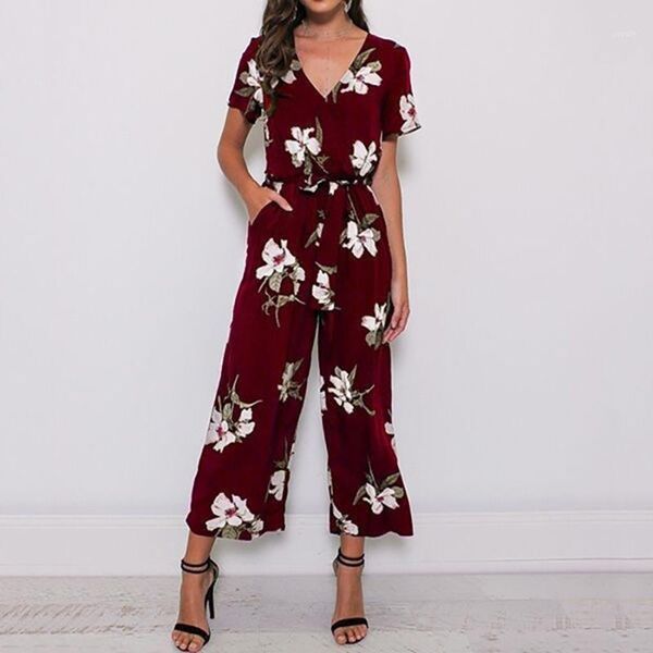 

summer fashion v neck floral print jumpsuit women loose playsuit party romper trousers casual piece jumpsuits siamese trousers1, Black;white