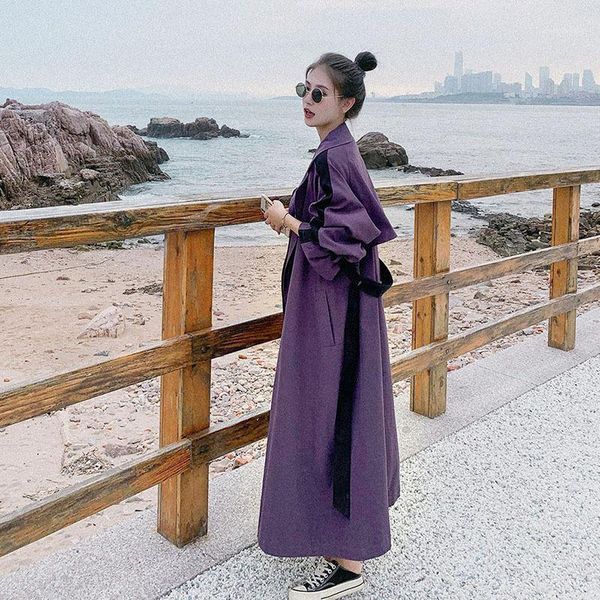 

large size british trench coat contrast double breasted casual classic long windbreaker with belt chic female outerwear1, Tan;black