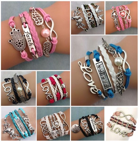 

bohemian 20pcs/lot jewelry charm fashion leather cute infinity bracelet mixed random lots style women party bracelets, Golden;silver